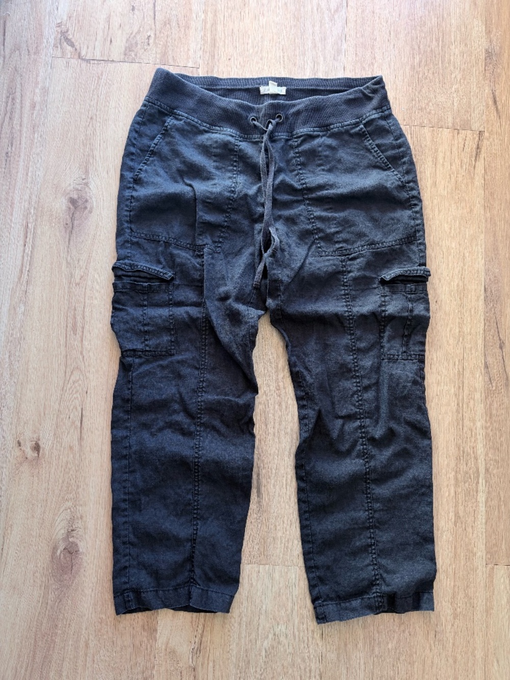 Eileen Fisher Black Organic Linen Cargo Pants with Drawstrings